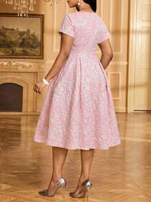 SHEIN Lady Women's Elegant Jacquard Cutout Neck Waist Midi Dress, Summer - Pink - View 2