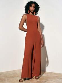 Zivah Bộ jumpsuit nữ dáng rộng không tay cổ tròn màu vàng nâu, phong cách boho, màu sắc tươi tắn, phối ren xếp ly kim loại ở lưng, dành cho mùa xuân/hè 2026. Thích hợp cho các hoạt động thường ngày, dự tiệc, du lịch, phong cách boho, đi biển, trang phục sân bay, trang phục ăn trưa, lễ hội và trang phục dự đám cưới, kỳ nghỉ, phong cách phương Tây, du mục. - Rỉ Nâu - Xem 7
