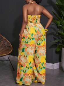 Slaydiva Bộ jumpsuit ống rộng dáng ôm họa tiết hoa, chất liệu vải dệt in kỹ thuật số, dành cho kỳ nghỉ biển mùa xuân/hè 2025, cỡ lớn, dành cho nữ. - Màu vàng - Xem 5
