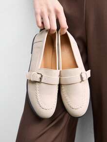 CUCCOO BIZCHIC 新款复古乐福鞋，真皮圆头平底搭扣通勤鞋，女款 - 米色 - 查看 1