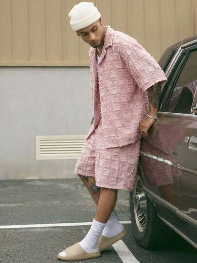 AXEPEAK Men's Casual Textured Simple Button-Front Short Sleeve Shirt And Shorts Set, Summer