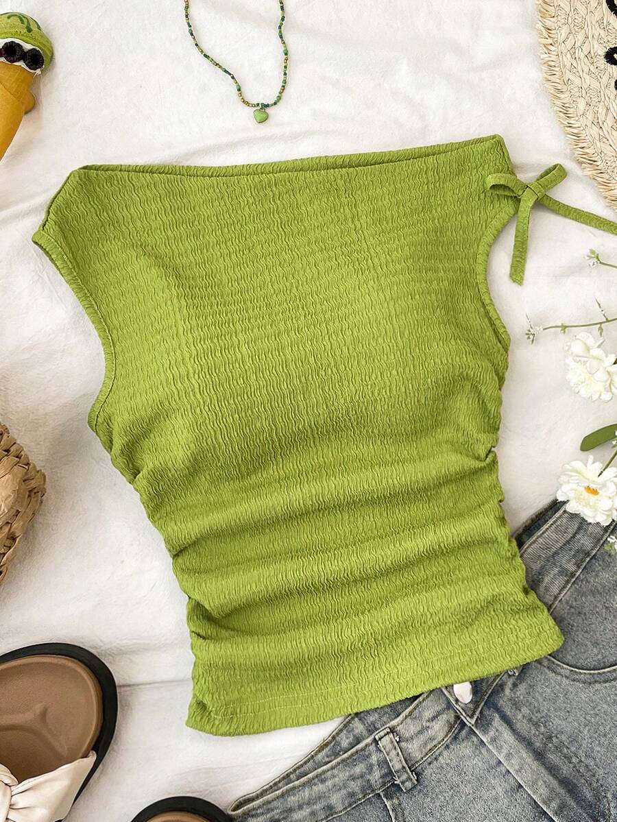Tween Girl Casual Elegant Vacation Textured Jacquard One Shoulder Ruched Cropped T-Shirt Top - Green - View 1
