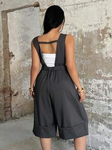 POPSWAY Spring/Summer New Elegant Fashion Casual Design Adjustable Buckle Strap Pants, Cuffed Hem 7/8 Length High Waist Wide Leg Loose Fit Versatile Casual Pants For Women - Dark Grey - View 2
