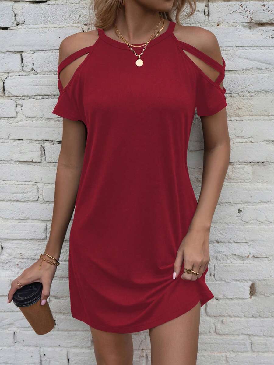 SHEIN LUNE Solid Color Off-Shoulder Casual Loose Summer Versatile Dress - Red - View 1