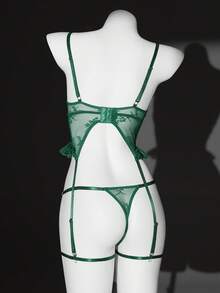 Classic, Elegant, Mature, Fashionable Lace Patchwork Garter Bra + G-String + 2pcs Leg Rings 4pcs Women Sexy Lingerie Set - Dark Green - View 8