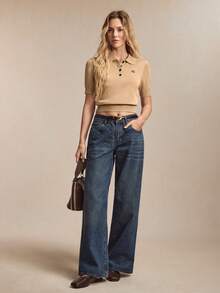 BizChic New Spring/Summer Khaki & Apricot Polo Collar Half-Placket Contrast Button Embroidered Letter Knit Top - Khaki - View 2