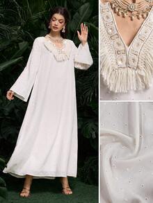 Al Najma V-Neck Fringed Embroidered Elegant Loose Long Sleeve Dress For Women - Apricot - View 9