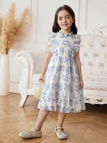 SHEIN Elladie kids Đầm hoa không tay dáng phồng in hình hoa hồng cho bé gái 2-5 tuổi, khóa kéo phía sau, thanh lịch, đa năng, ngọt ngào và dễ thương, kiểu đầm công chúa thích hợp mặc hàng ngày, mùa xuân/hè. - Màu xanh lam - Xem 6