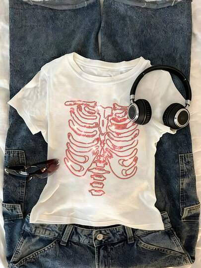 Glimmora Women's Casual Rhinestone Print Short Sleeve T-Shirt, Summer