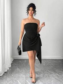 Elenzga Plus Size Elegant 3D Floral Asymmetrical Hem Strapless Waist Cinched Dress, Black Summer Curve Cocktail Tube Bandeau Dress - Black - View 5