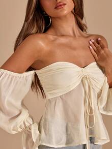 SHEIN BAE Apricot Off-Shoulder Ruffle Sleeve Twist Knot Blouse, Elegant Romantic Ruffle Blouse For Summer, Women Apricot Summer Top - Apricot - View 7