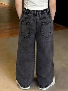 SHEIN Casuvi Kids Quần jeans ống đứng cạp chun đính đá hình trái tim phong cách đường phố trẻ trung dành cho nữ, quần jeans thêu nơ thời trang hàng ngày, quần jeans ống rộng thêu nơ. - màu đen - Xem 7