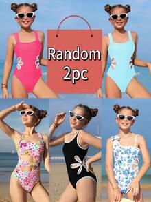 Tween Girl Random 2pcs Summer Beach Vacation Style Hollow Out One-Piece Swimsuit - Multicolor - View 1