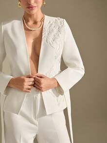 Women's V-Neck Lace Beaded Applique White Belt Wide Leg Pants Suit - White - View 8