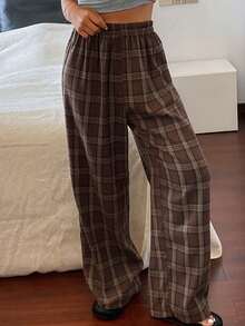 Livesso Plaid Elastic Waist Straight Leg Lounge Pants, Suitable For Spring, Autumn And Winter - Brown - View 1