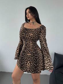 Flirla Plus Size New Sexy Leopard Print Flare Sleeve Bodycon Mini Dress, With Belt And Backless Design Fall Cloth For Women - Multicolor - View 3