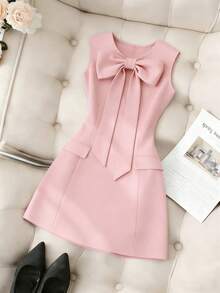 SHEIN Franclia 纯色圆领修身前蝴蝶结无袖女式连衣裙 - 粉色 - 查看 1