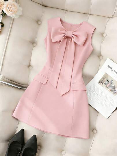 SHEIN Franclia 纯色圆领修身前蝴蝶结无袖女式连衣裙