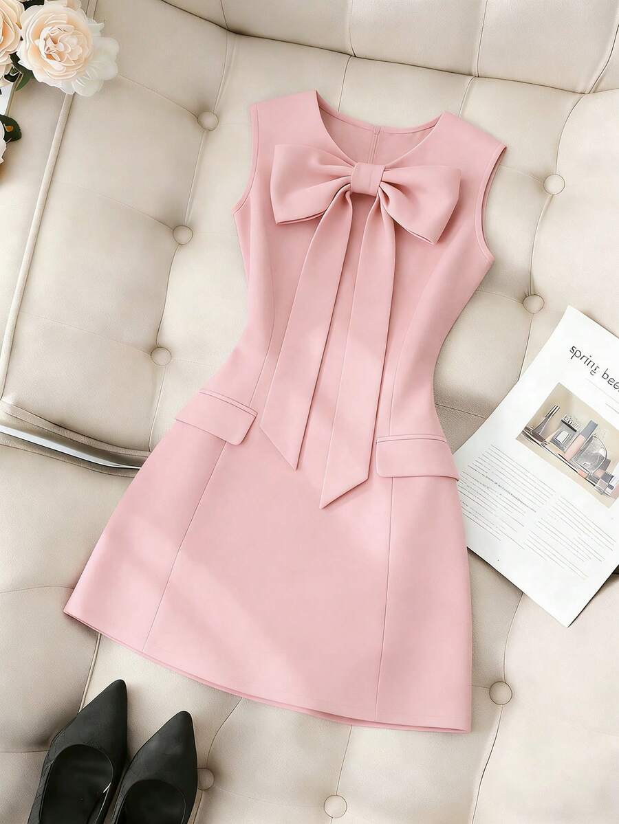 SHEIN Franclia 纯色圆领修身前蝴蝶结无袖女式连衣裙 - 粉色 - 查看 1