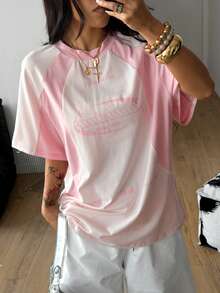 Coolane Women's Streetwear Oversized Racing Motorcycle Print Color Block Raglan Sleeve T-Shirt Spring Pink Top Women Tshirt Summer Tee Graphic - Baby Pink - View 5