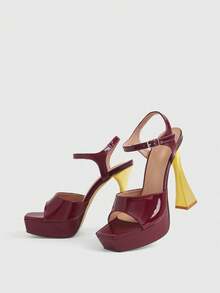 CUCCOO LuxiPop 女士夏季新款欧美高跟凉鞋方头防水桌鞋时尚性感宴会百搭派对优雅粗跟女鞋 - 酒紅色 - 查看 6