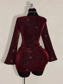SHEIN ICON Plus Size Women's Plunging Neck Gold Mini Party Dress Burgundy Outfit Women Red Sparkly Dress - Burgundy - View 10