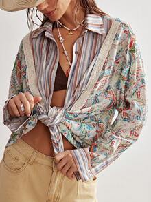 Bohemela Women's Casual Boho Woven Patchwork Long Sleeve Loose Blouse For Summer Holiday Vacation Beige - Multicolor - View 6