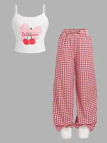 SHEIN Tween Girls Casual Homewear Fitted Lace Trim Collar Cherry Print Camisole And Plaid Loose Pants Set - Red and White - View 1