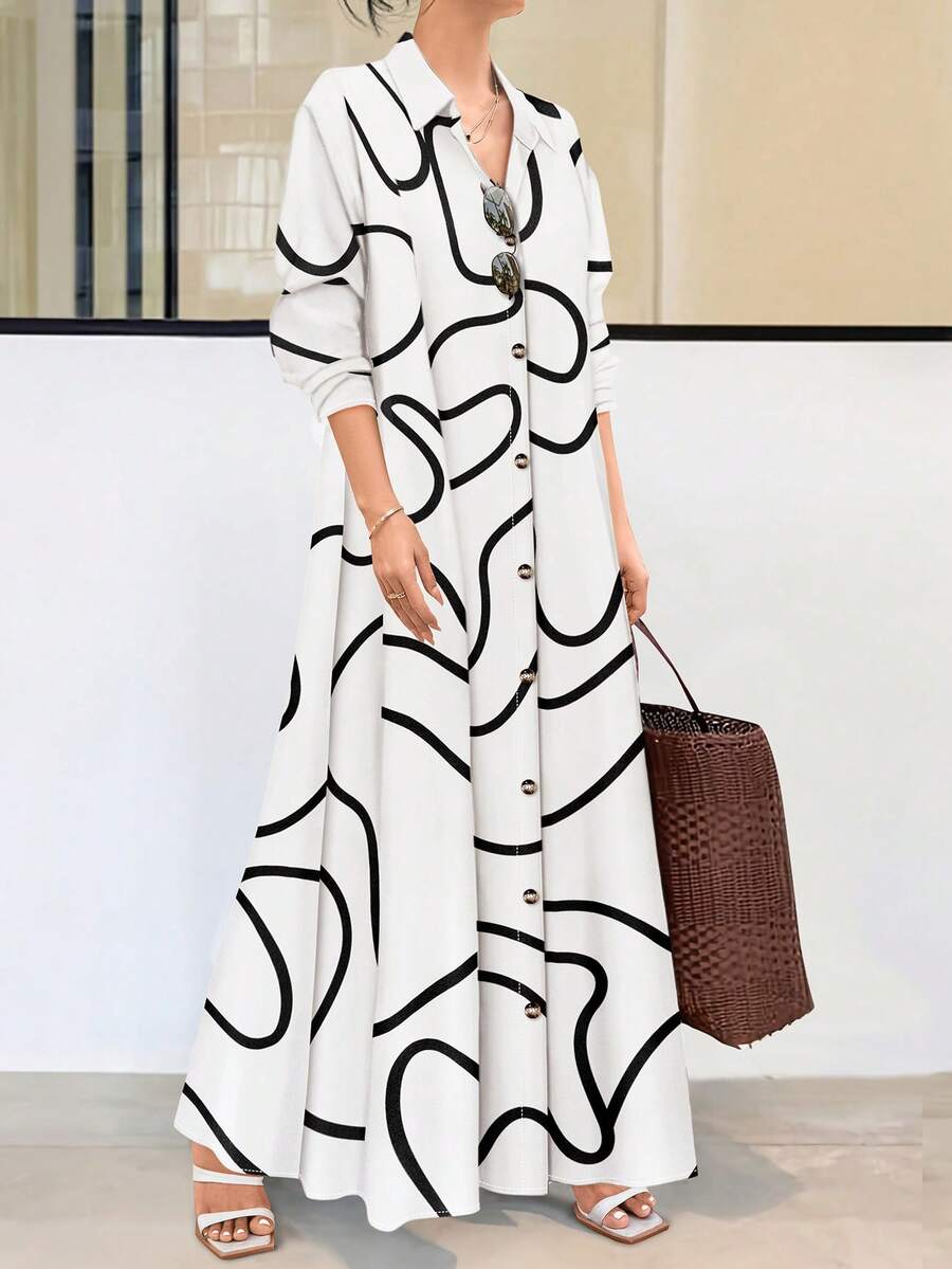 Omancia 1件女士休闲长袖随机印花前扣衬衫连衣裙长款女装 - 彩色 - 查看 1