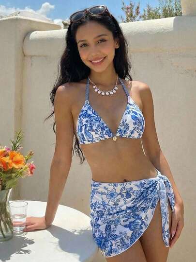 SHEIN Teen Girls 3pcs Blue Floral Print Bikini Set, Spaghetti Strap, Suitable For Beach Vacation Swimming, Spring/Summer