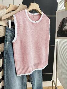 Franclia 女士休闲宽松圆领无袖针织撞色滚边卡其色毛衣上衣，春秋季 - 淺粉色 - 查看 5