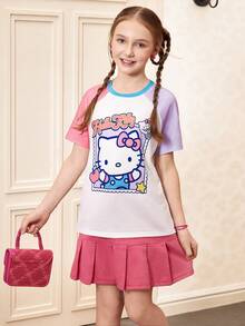 HELLO KITTY AND FRIENDS | SHEIN 少女可爱卡通猫印花休闲圆领插肩袖舒适T恤 - 彩色 - 查看 1