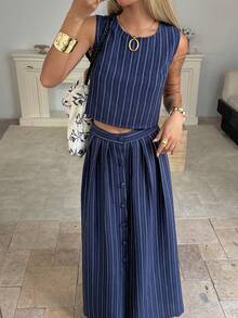DAZY Women's Fashion Striped Tank Top & Skirt 2 Pieces Set - Navy Blue - View 2