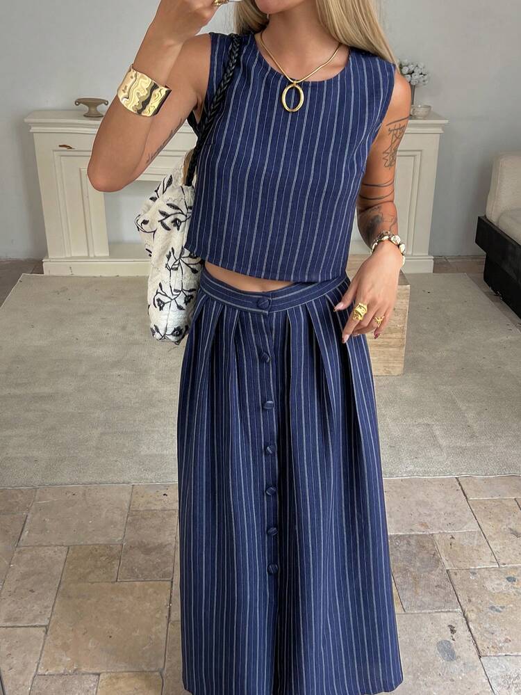 Women's Casual Loose Striped Sleeveless Top And Skirt 2-Piece Set, Suitable For Spring And Summer