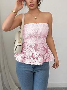 Rafferiza 优雅时尚无肩带束腰荷叶边下摆侧开衩隐形拉链网纱刺绣杏色女式衬衫，春夏荷叶边上衣，女士无肩带衬衫，蕾丝抹胸无肩带上衣，女士束身衣，女士上衣，女士精美上衣，女士无肩带上衣 - 粉色 - 查看 7