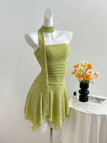 Elamini Y2K Sexy Asymmetric Hem Textured Fabric Mini Dress - Green - View 1