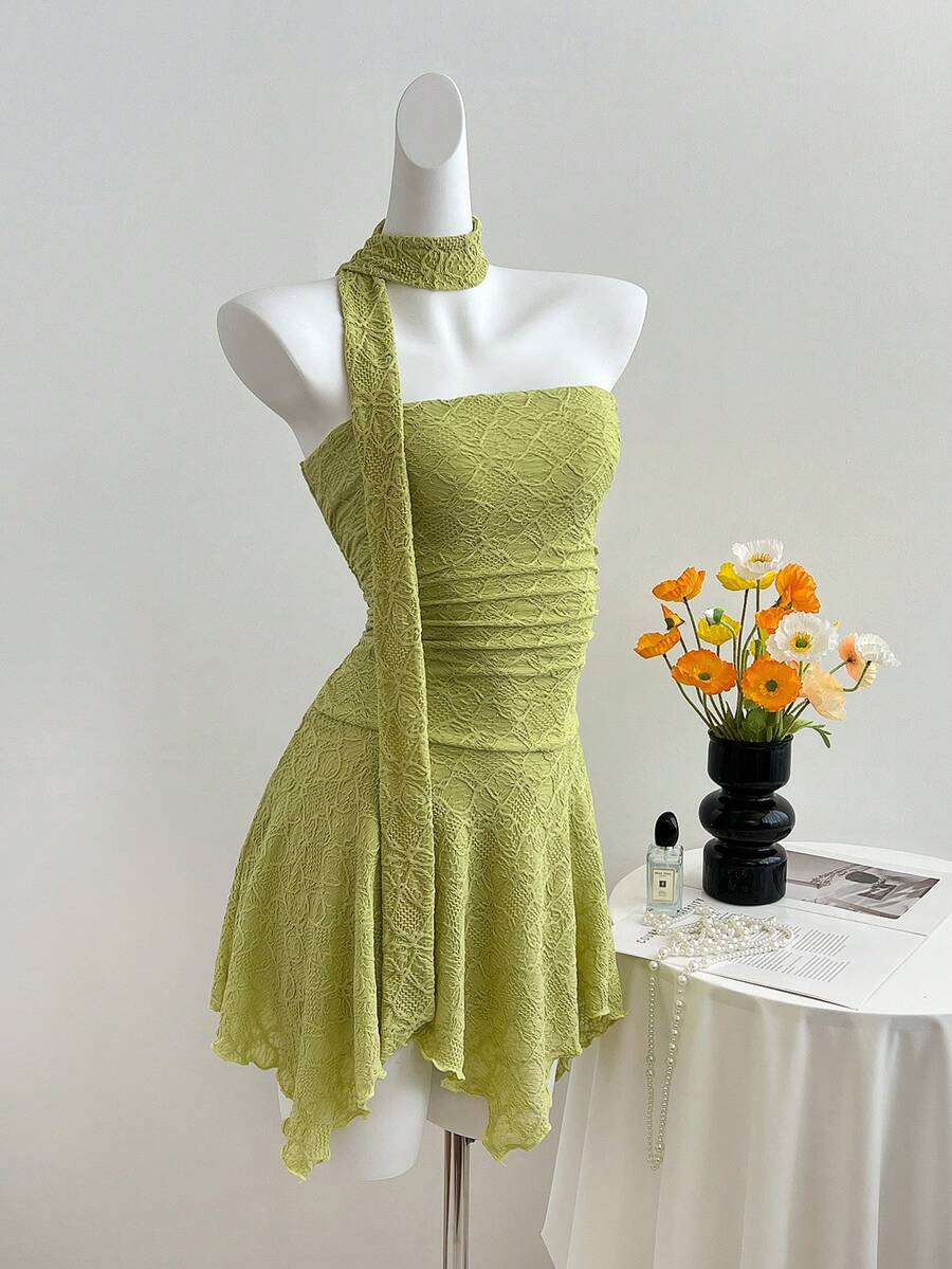 Elamini Y2K Sexy Asymmetric Hem Textured Fabric Mini Dress - Green - View 1