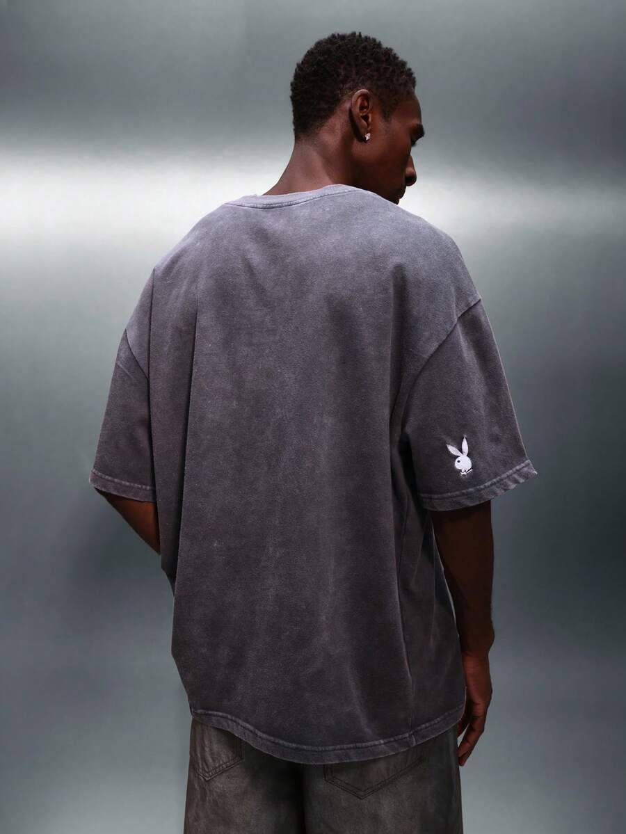 PLAYBOY X SUMWON Áo thun nam dáng rộng cổ tròn tay ngắn với logo nhỏ trên ngực, chất liệu cotton, kiểu dáng thoải mái, cơ bản hàng ngày, phong cách đường phố hiện đại. - Xám - Xem 1