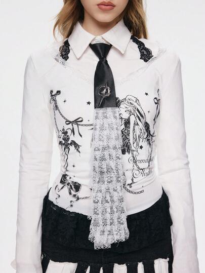 ROMWE Kawaii 1pc Y2K Baddie Retro Punk Style Multilayer Lace Trim Metal Crescent Moon Decor Necktie, Fashionable Minimalist Mass-Produced Tie For Women, Suitable For Daily, School, Date, Shopping, JK, Lolita, Gal Style