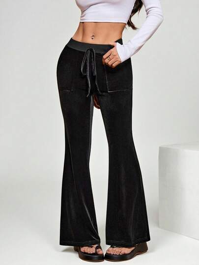 SHEIN PETITE Black Velvet High Waisted Flare Elegant Pants For Women Summer Spring Bell Bottom Pants Black Flare Pants Women's Gym Clothes
