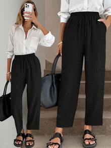 Easowa 女士纯色抽绳腰带口袋休闲百搭阔腿裤，适合日常穿着 - 黑色 - 查看 5