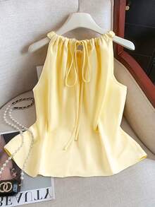 GlowEve Women's Yellow Fabric Collar Twist Drawstring Tank Top - Yellow - View 2