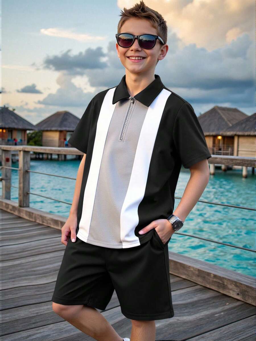 2pcs/Set Tween Boy Casual Contrast Color Block Polo Shirt And Shorts Set, Suitable For Commuting, School, Daily Casual Wear, Sports, Spring/Summer - Black - View 1
