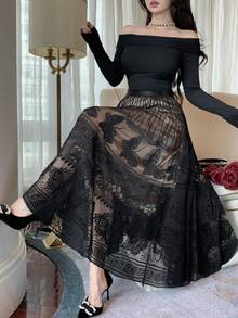 DAZY Women's Lace Patchwork A-Line Long Skirt, Elegant Skirt - Black - View 3