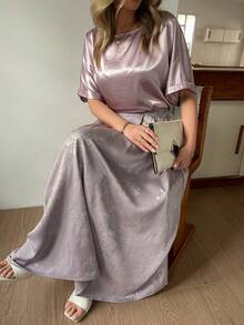 Vivie Lora 女士紫色优雅上衣和裙子两件套夏季 - 紫色 - 查看 6