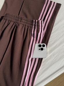 Comfortcana Comfortable Plus Size Brown Striped Sweatpants Made From Knitted Fabric With Drawstring Details For Casual Wear - Brown - View 4