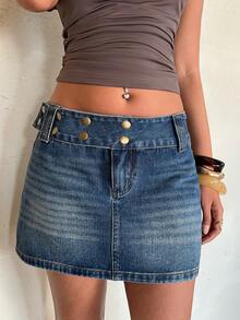 Aloruh Women's Casual Versatile Everyday Rivet Denim Mini Skirt - Blue - View 5