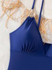 Swim Lushoire Women's Floral Print Spaghetti Strap Tankini Swimwear Set With Metal Teardrop Accessories - Blue - View 5