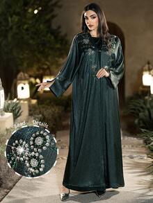 Layrah Vestido largo elegante de mujer con adornos de strass hechos a mano - Verde Oscuro - Ver 2