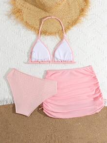 SHEIN Bộ bikini 3 mảnh thời trang mới dành cho thiếu nữ, màu be, chất liệu vải đặc biệt, kèm váy sarong và dây buộc eo. - Hồng - Xem 3